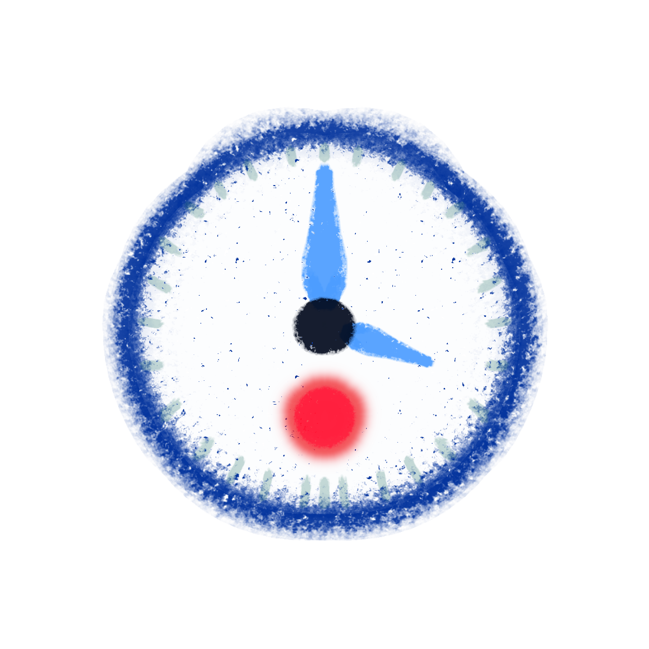 a white clock face with a red dot at the bottom with blue hands.